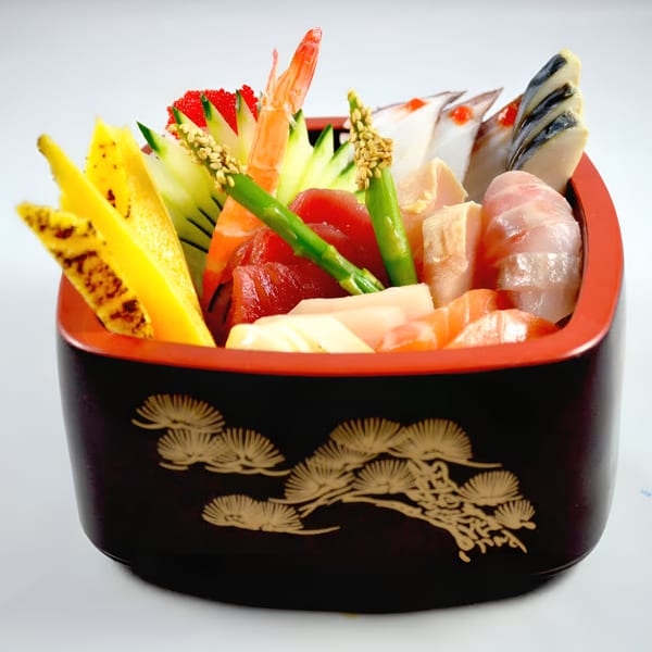 Colorful Hanabi Sushi chirashi bowl with various sashimi, tamago, shrimp, and vegetables.
